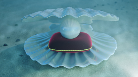 Mother of pearls underwater. Sea shell underwater with pearl inside and red velvet pillow. Oysters and pearls on the underwater sandy seabed. Sunlight beams and shine through water, 3D Illustrationの写真素材