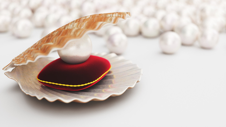 Sea shell with pearl on a soft red velvet pillow with a gold stroke. Beautiful pearl, expensive jewelry for women. Seashell, plurality of beautiful pearls. Beautiful shiny sea pearls, 3D illustrationの写真素材