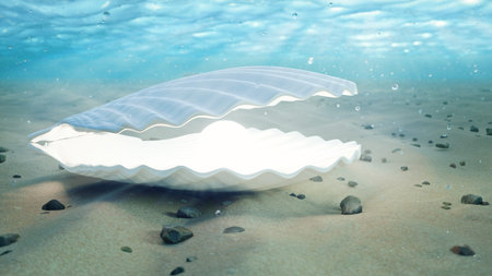 Mother of pearls underwater. Closed sea shell underwater self-luminous from the inside. Oysters and...
