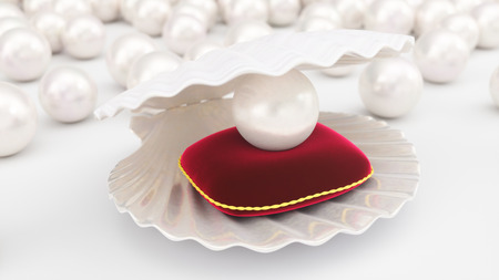 Sea shell with pearl on a soft red velvet pillow with a gold stroke. Beautiful pearl, expensive jewelry for women. Seashell, plurality of beautiful pearls. Beautiful shiny sea pearls, 3D illustrationの写真素材