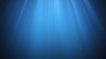 Rays of sunlight shining from above penetrate deep clear blue water. Sun light beams underwater. Small bubbles move up, under the water surface. 3D Renderingの写真素材