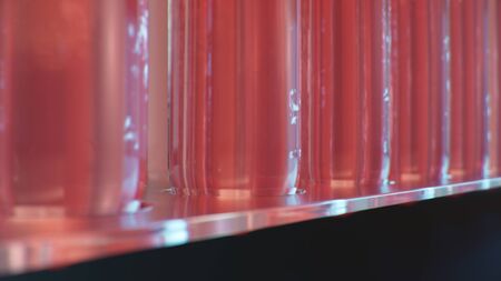 Science laboratory research. Development of medical technology. A breakthrough in biotechnology. Red liquid inside the test tube as fuel. Biotechnology, glassware flasks. Test tubes, 3D Illustrationの写真素材