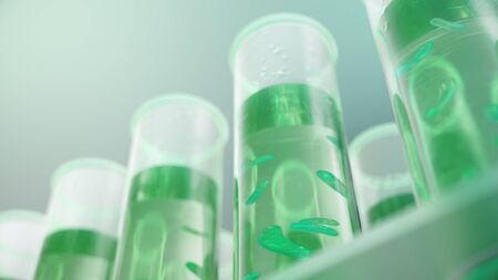3D Illustration biofuel oil research in the laboratory, biofuel concept. Bacteria in the liquid inside the test tube as fuel. Biotechnology. Glassware flasks. Laboratory research concept. Test tubesの写真素材