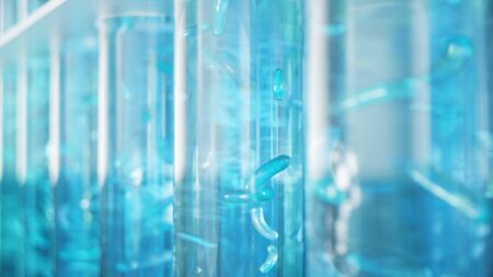 3D Illustration biofuel oil research in the laboratory, biofuel concept. Bacteria in the liquid inside the test tube as fuel. Biotechnology. Glassware flasks. Laboratory research concept. Test tubesの写真素材
