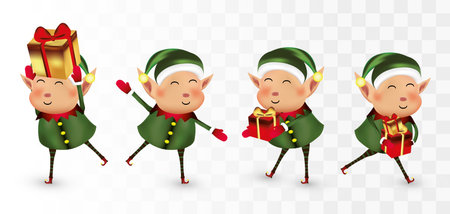 Collection of Christmas elves isolated on transparent background. Little elves. Santas helpers. Elves with gift presents. Icon set. Beautiful illustration.のイラスト素材