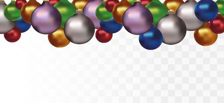 Christmas toys on transparent background. Hanging colors christmas balls. Happy new year. 3D realistic balls with copy space for your text. Horisontal beautiful banner. Vector illustrationのイラスト素材
