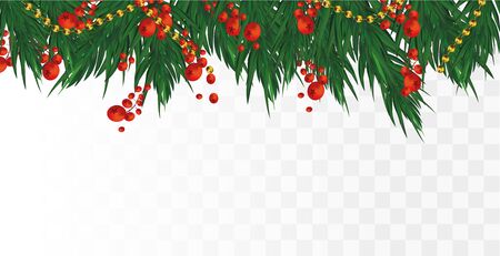 3D realistic branches, holly red berries on transparent background. Christmas and Happy new year. Fir branches with copy space for your text. Horisontal beautiful banner illustrationのイラスト素材