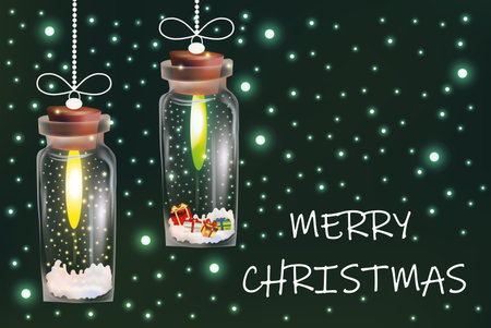 Abstract Christmas light. Neon garland with magical snow inside. Glowing lights for Christmas holiday. Sparkling garland lights with gift box. Magic garland. Vector illustrationのイラスト素材