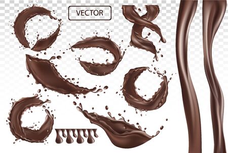 3D realistic illustration splashings chocolate for design label, cocoa butter, chocolate paste and chocolate drops on transparent background. Set vector illustrationのイラスト素材