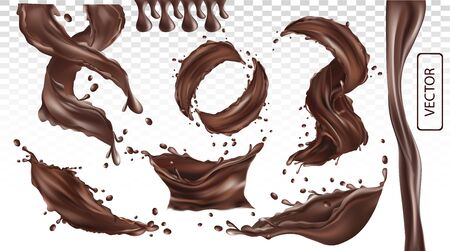 3D realistic splash of chocolate. Twisted dark chocolate with drop on transparent background. Set vector illustration.のイラスト素材