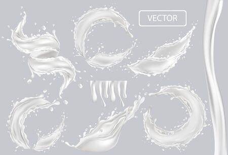 3D realistic splash of milk. Twisted fresh milk with drop on transparent background. Coctail milk. Yogurt, dessert. Set vector illustration.のイラスト素材