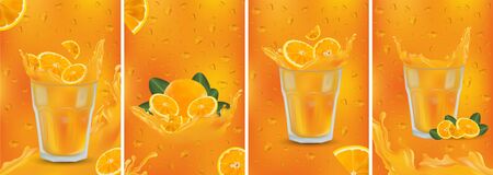 Orange drink. Fresh orange splash with fruits. 3D realistic fruit juice. Orange sliced with green leaf. Set vector illustrationの写真素材