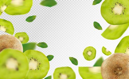 3D realistic kiwi with green leaf. Ripe kiwi fruit in motion. Beautiful kiwi background. Falling kiwi are whole and cut in half. Vector illustrationのイラスト素材