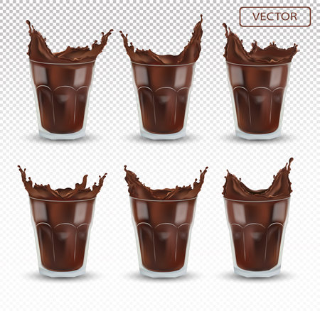 3D realistic chocolate splash in the transparent glass. Big collection cocoa or coffee. Chocolate drink, cocktail isolated on transparent background. Icon set. Vector illustration.のイラスト素材