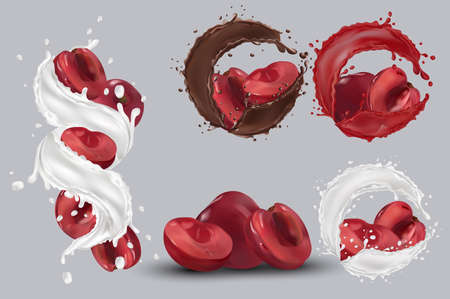 Cherry juice, cherry in chocolate, milk splash. Collection fresh cherry. Sweet dessert. 3D realistic cherry. Vector illustration.のイラスト素材