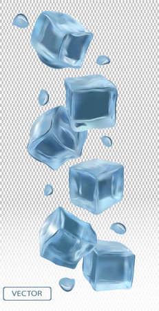 Ice cubes with water drops on transparent background. Frozen ice cubes from different angles. 3D realistic vector illustration.のイラスト素材
