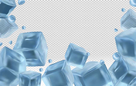 Frozen ice cubes on transparent background with copy space for your text. Realistic ice cubes close up and water drops. Vector illustration.のイラスト素材