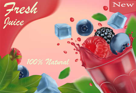 Sweet multi vitamin juice. 3D realistic black raspberry, blueberry, raspberry and frozen ice cubes. Promotion banner. Vector illustration.のイラスト素材