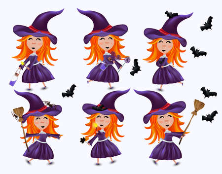 Collection of little witches in hats and red hair. Halloween witches set with bats, magic potion, broom, spider. Six variants of the little witch. Vector 3d illustration isolated on white background.のイラスト素材