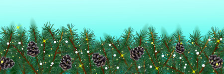 Christmas border with conifer branches and pine cones on blue background. Christmas evergreen...