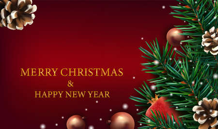 Merry Christmas and Happy New Year. Christmas decor with of pine branches, pine cone, pomegranate, sparkles, and Christmas toys on red background. Illustration for your poster, banner, cards. Vector.のイラスト素材