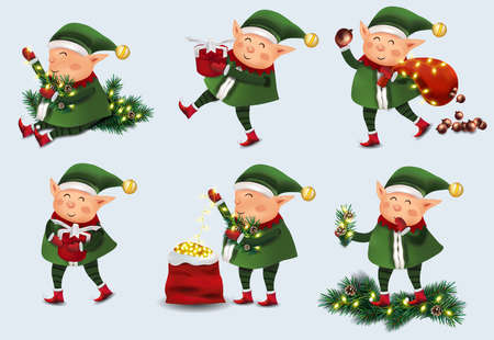 Christmas little Elf with gift presents. Set of cute elves in hat and mittens. Cute elves Santa Claus helpers. Vector illustration.のイラスト素材