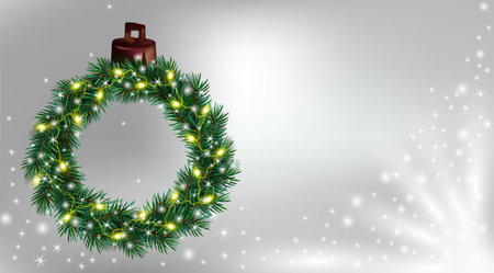 A Christmas wreaths made of pine branches decorated with light garland and shiny sparkles. Green Christmas wreaths for your design. New Year and Christmas design. Vector illustration.のイラスト素材