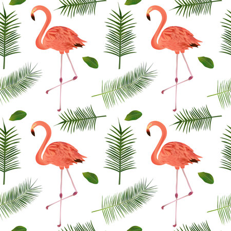 Seamless pattern with tropical leaf and pink flamingo. Beautiful pink bird and palm leaves on white background. Vector illustration.のイラスト素材