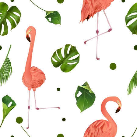 Seamless pattern with tropical leaf and pink flamingo for your design, wallpapers, textile. Beautiful pink bird and palm leaves, monstera on white background. Vector illustration.のイラスト素材