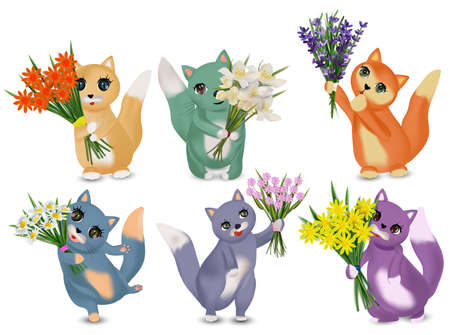 Cat holding bouquets for women. Summer Fresh Flowers bouquets with cat. Lavender, chamomile, jasmine, Spring flower. Vector illustrationのイラスト素材