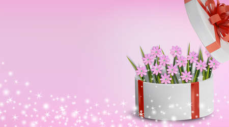 Floral collection chamomile in the gift box. Spring nature. Love concept, Mothers Day, Woman day. Illustration for your design. Vector illustration.のイラスト素材