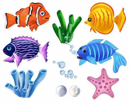 Underwater world, Tropical fish. Clownfish, Addis butterfish, starfish, seaweed. Cartoon character. Vector illustration.のイラスト素材