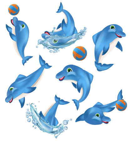Funny Dolphin on different pose. Cute Dolphin cartoon character. Sea creature icon. Vector illustration.のイラスト素材