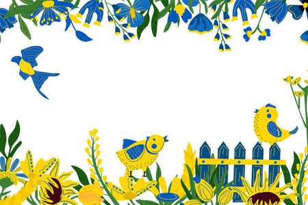 Horizontal poster in yellow and blue colors, with leaves, flowers, sunflower, wheat, rainbows, bird. Vector illustrationのイラスト素材