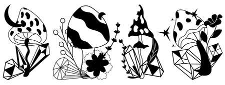 Collection mystical mushroom with crystals, moon, stars and leaves. Magical mushroom on white background. Mystic esoteric symbol.Vector illustration.のイラスト素材