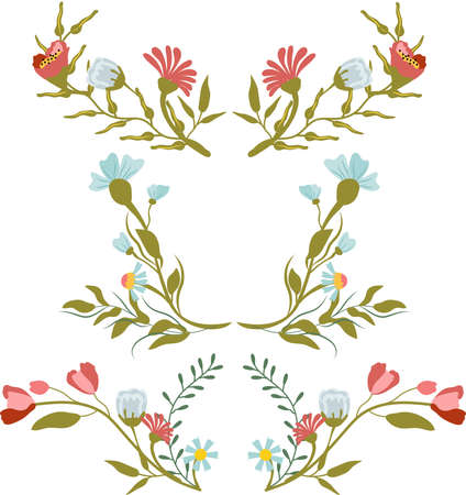 Set of floral wreaths, compositions with wildflowers. Botanical collection branches, flowers, herbs, decorative leaves. Concept of wedding, invitation. Vector illustration.のイラスト素材
