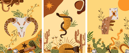 Set a Wild West poster with an animal skull, a mystical snake around the moon, a cowboy hat, a gun, a hand holding a cards, and more. Further Old West in flat style. Vector illustration.のイラスト素材