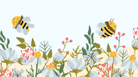 Vector cute illustration with wildflowers flowering meadow and honey bees. Composition for your brand, label, postcard. Illustration.のイラスト素材