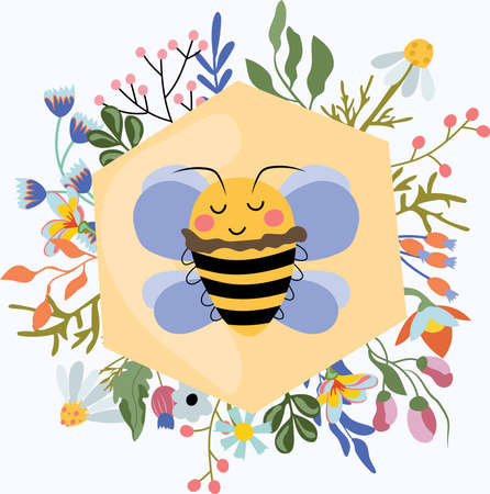 A cute honey bee on a honeycomb surrounded by blooming wildflowers. Beautiful illustration for your   label. Concept of organic products. Vector illustration.のイラスト素材