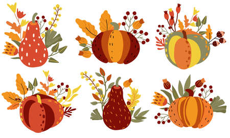 Set Autumn pumpkin composition with colorful leaves, red berry and acorns. Perfect for web, banner, card and Thanksgiving. Vector illustration.のイラスト素材