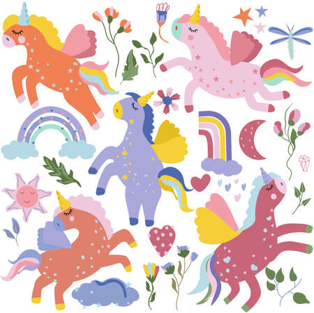 Magical colorful Unicorn with rainbows, sun, butterfly, flowers and other. Fairy horses in different poses. Magical unicorns perfect for greeting cards, postcard, banner.のイラスト素材