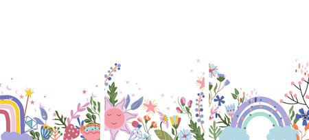 Beautiful of greeting cards with colorful flowers and leaves, rainbows, sun and other. Magical illustrations for your as creating card, banner, birthday and other holidays.Vectorのイラスト素材