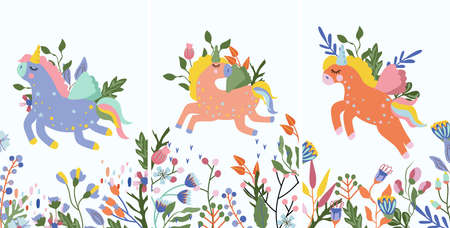 Fantastic Unicorn with colorful flowers and leaves. Poster with magical horse can be used as creating card, banner, birthday and other holidays. Vector illustration.のイラスト素材