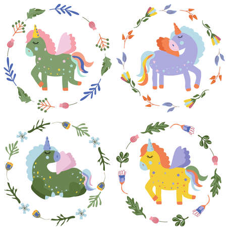 Fantastic cute Unicorns with colorful the tail and wreath around. Cute colorful horses in flat style. Perfect can be used as creating card, banner, birthday and other holidays.Vectorのイラスト素材