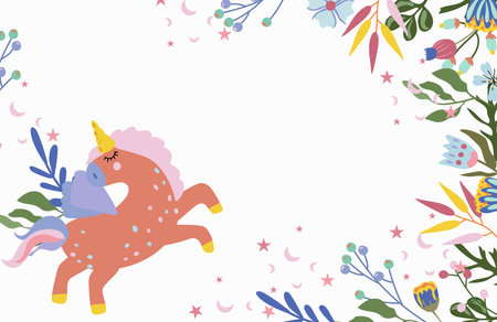 Bright composition with cute Unicorn, bright flowers and leaves. Fantastic Unicorn. Fairy compositions can be used as creating card, banner, birthday and other holidays. Vector illustration.のイラスト素材