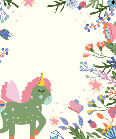 Cute colorful composition with Unicorn, bright flowers and leaves. Fantastic cute Unicorn. Fairy compositions for your design. Vector illustrationのイラスト素材