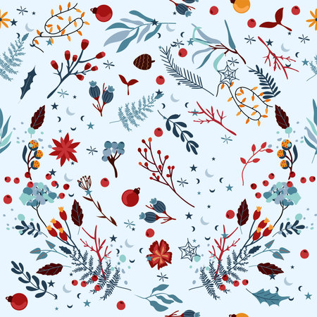 Seamless patterns with winter flowers, Christmas tree decorations, garland, bright flower and colorful leaves. Magic winter pattern. Vector illustration.のイラスト素材