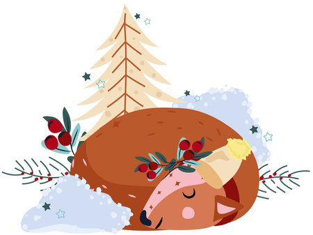 Winter cards with sleeping deer among heaps of snow, Christmas tree, pine branches, berries. Cute winter animal. Concept Christmas and New Year. Perfect for greeting cards, poster, postcard, bannerのイラスト素材