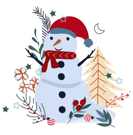 Winter composition with snowman in a scarf, berries branches, Christmas tree, pine branches and other. Concept Christmas and New Year. Vector illustrationのイラスト素材