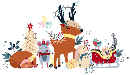 Winter compositions with animals, funny reindeer and garlands on the horns, funny mouse, cute rabbit in a scarf, and other.Concept Christmas and New Year. Perfect for greeting cards, poster, postcardのイラスト素材